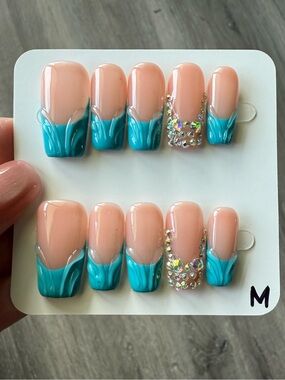 Aqua Teal French Tip Press-On Nails with Rhinestone Accent